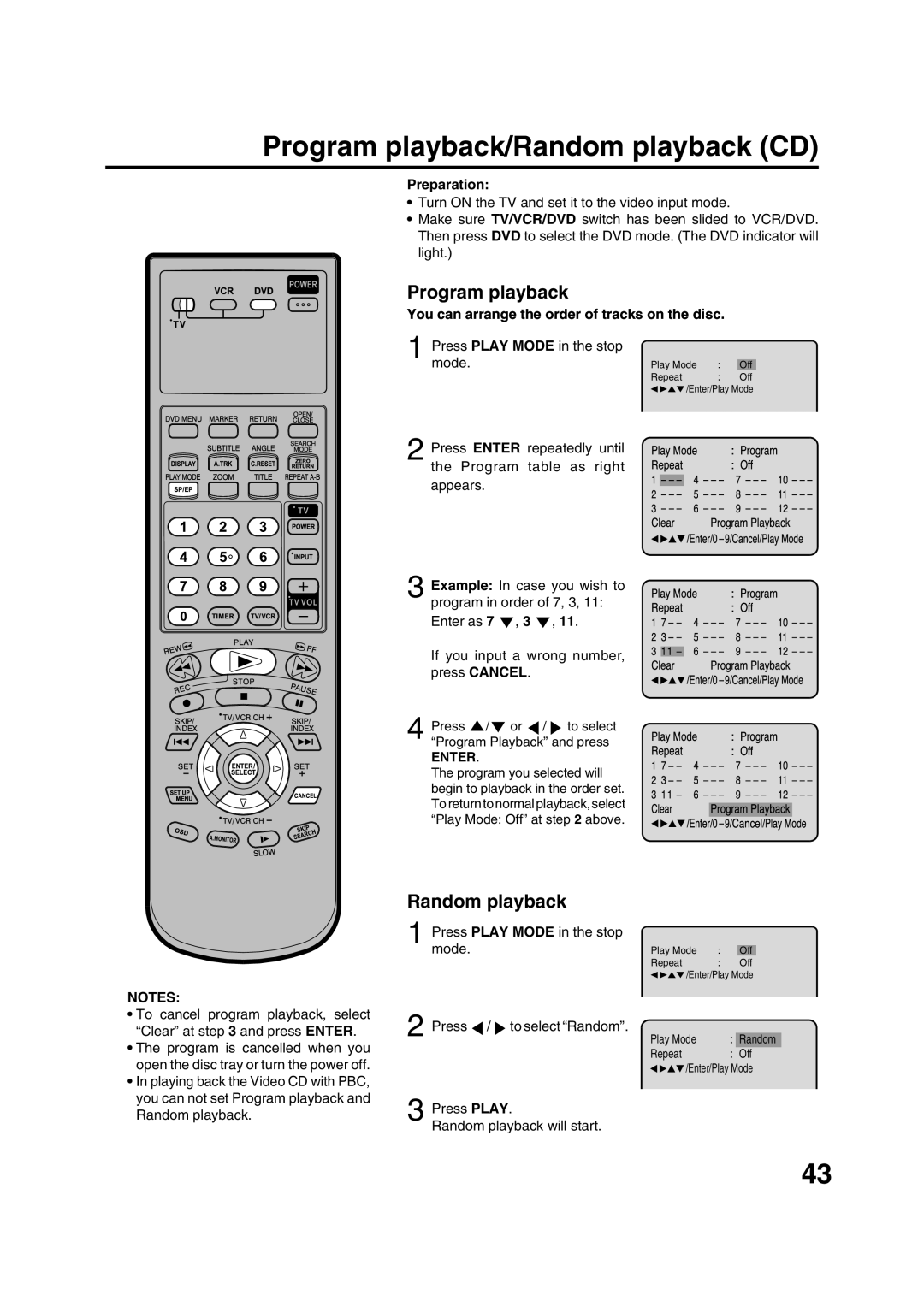 JVC HR-XVC20U manual Program playback/Random playback CD, You can arrange the order of tracks on the disc 