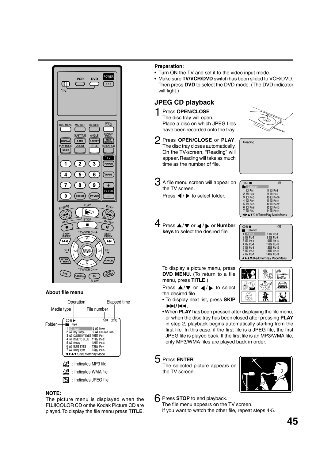 JVC HR-XVC20U manual Jpeg CD playback, About file menu, Press OPEN/CLOSE or Play, Or Number 