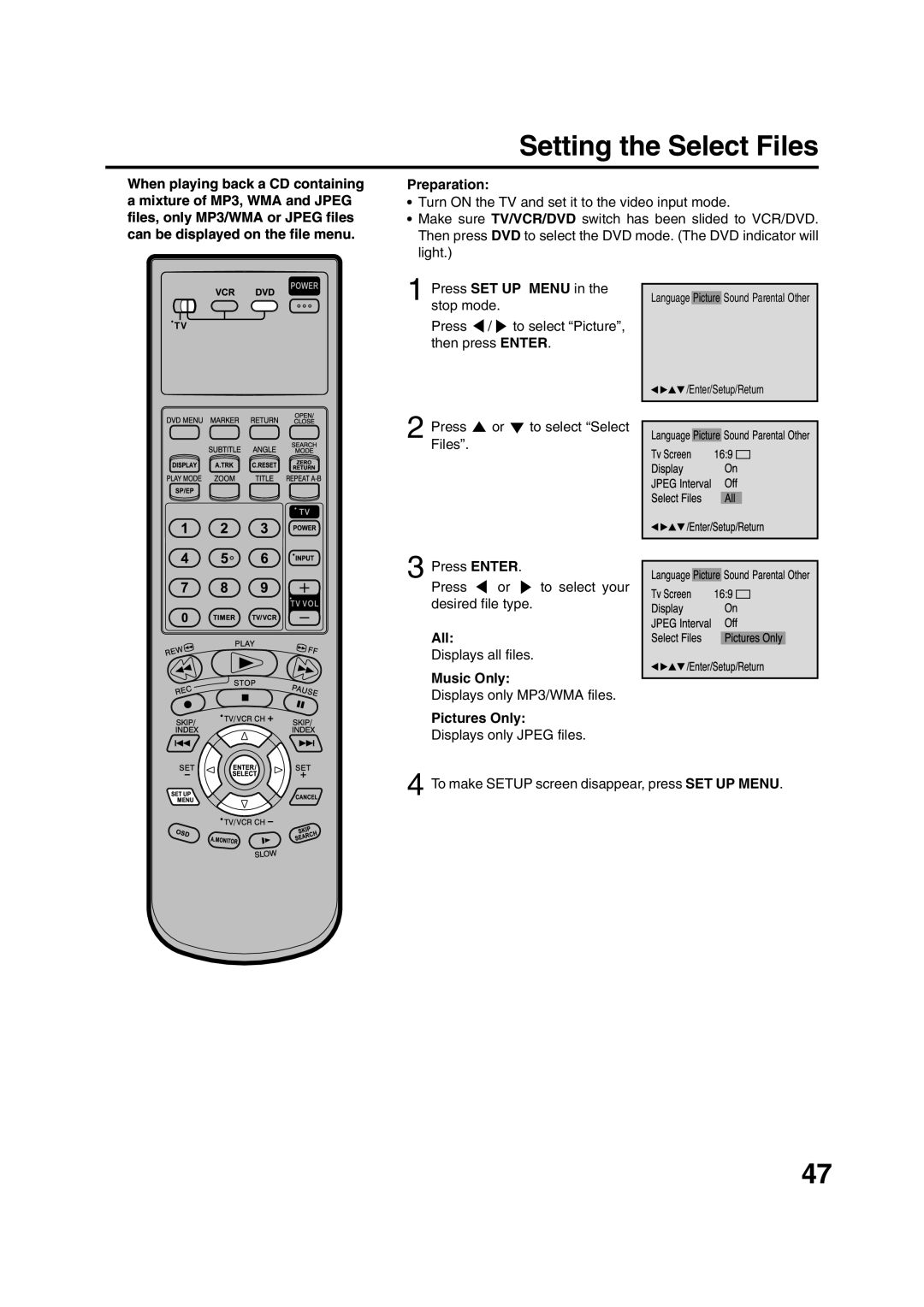 JVC HR-XVC20U manual Setting the Select Files, All, Music Only, Pictures Only 