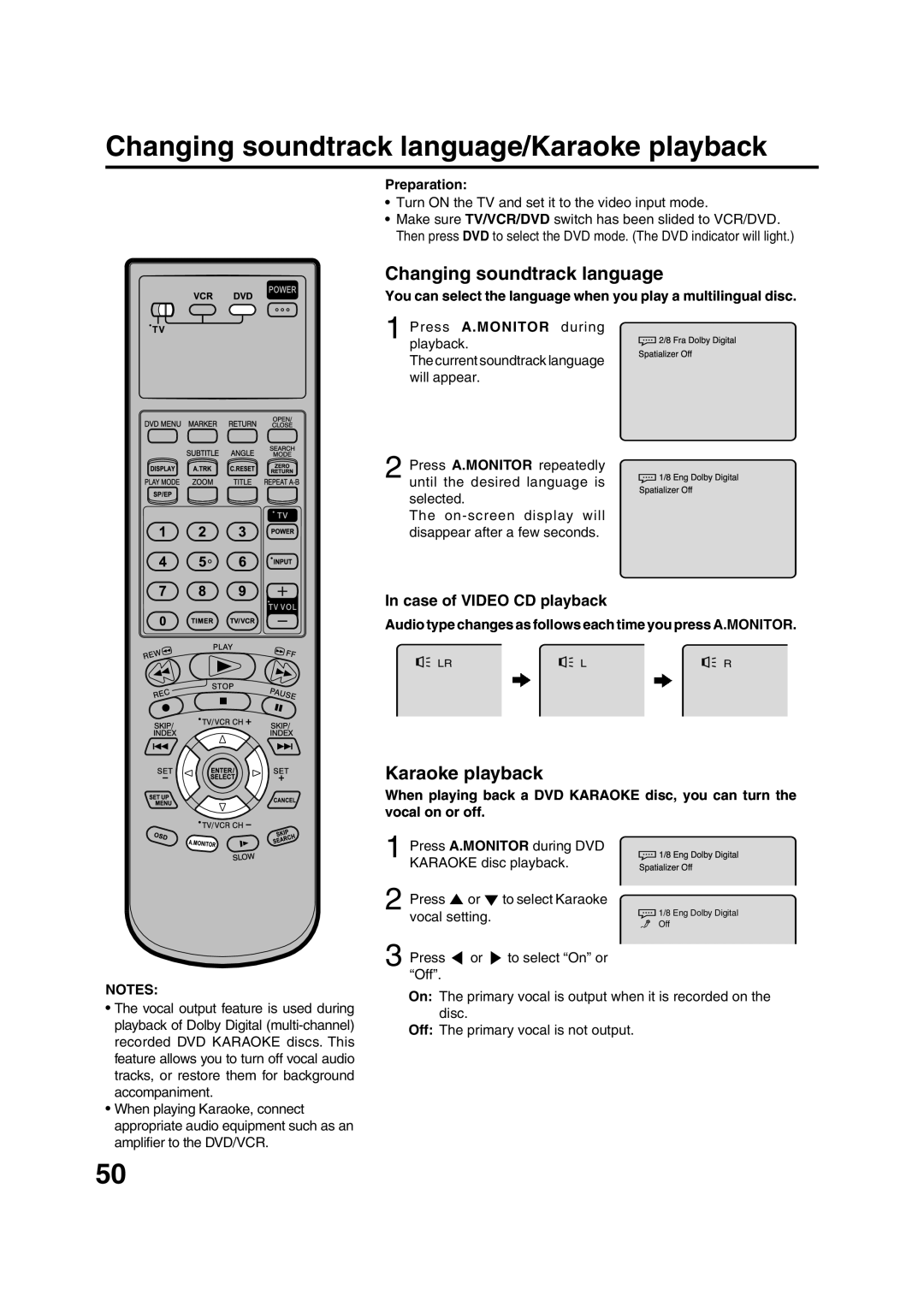 JVC HR-XVC20U manual Changing soundtrack language/Karaoke playback, Case of Video CD playback 