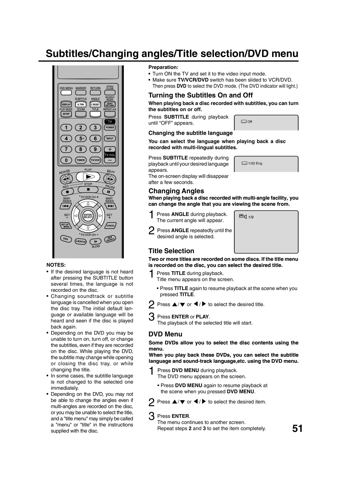 JVC HR-XVC20U manual Subtitles/Changing angles/Title selection/DVD menu, Turning the Subtitles On and Off, Title Selection 