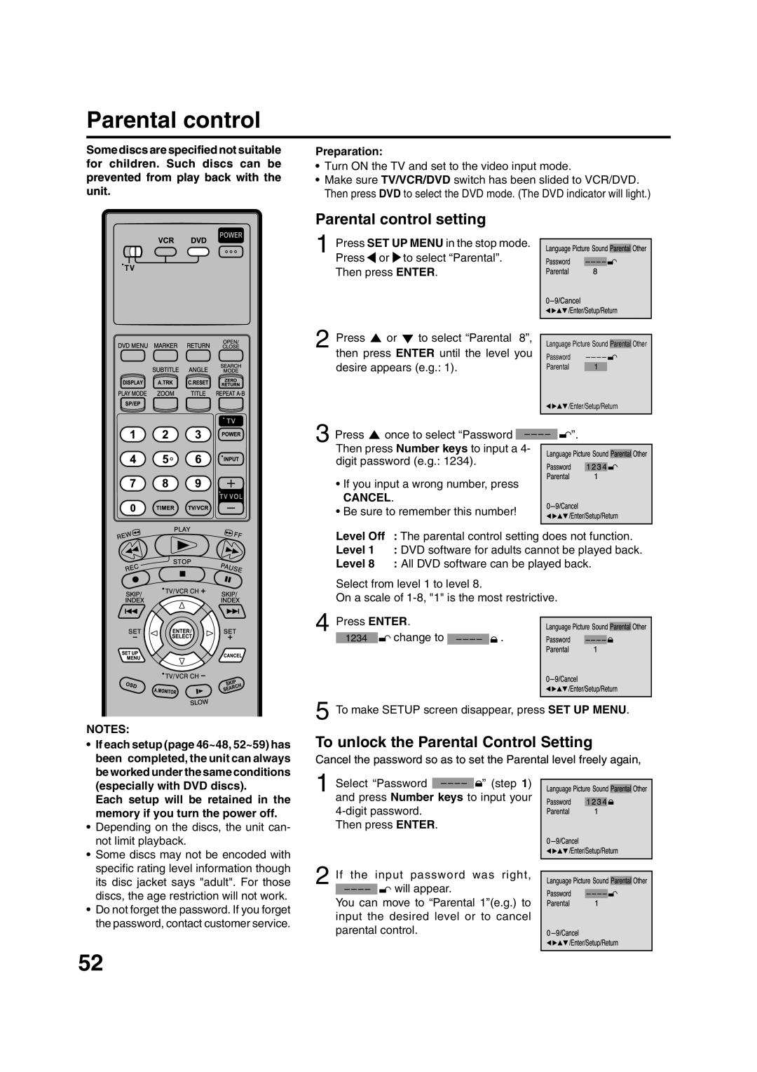 JVC HR-XVC20U manual Parental control setting, To unlock the Parental Control Setting, Cancel 