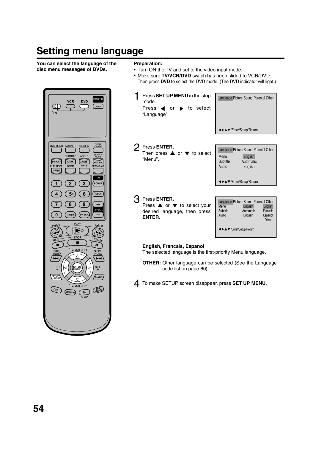 JVC HR-XVC20U manual Setting menu language, English, Francais, Espanol 