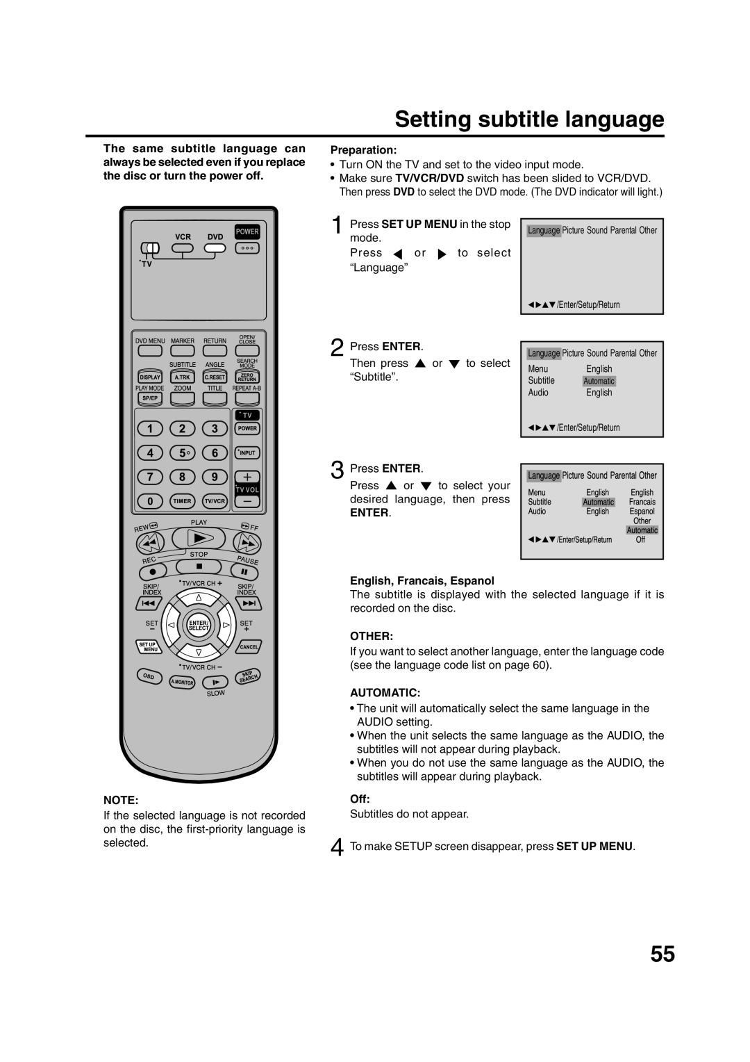 JVC HR-XVC20U manual Setting subtitle language, Other, Automatic 