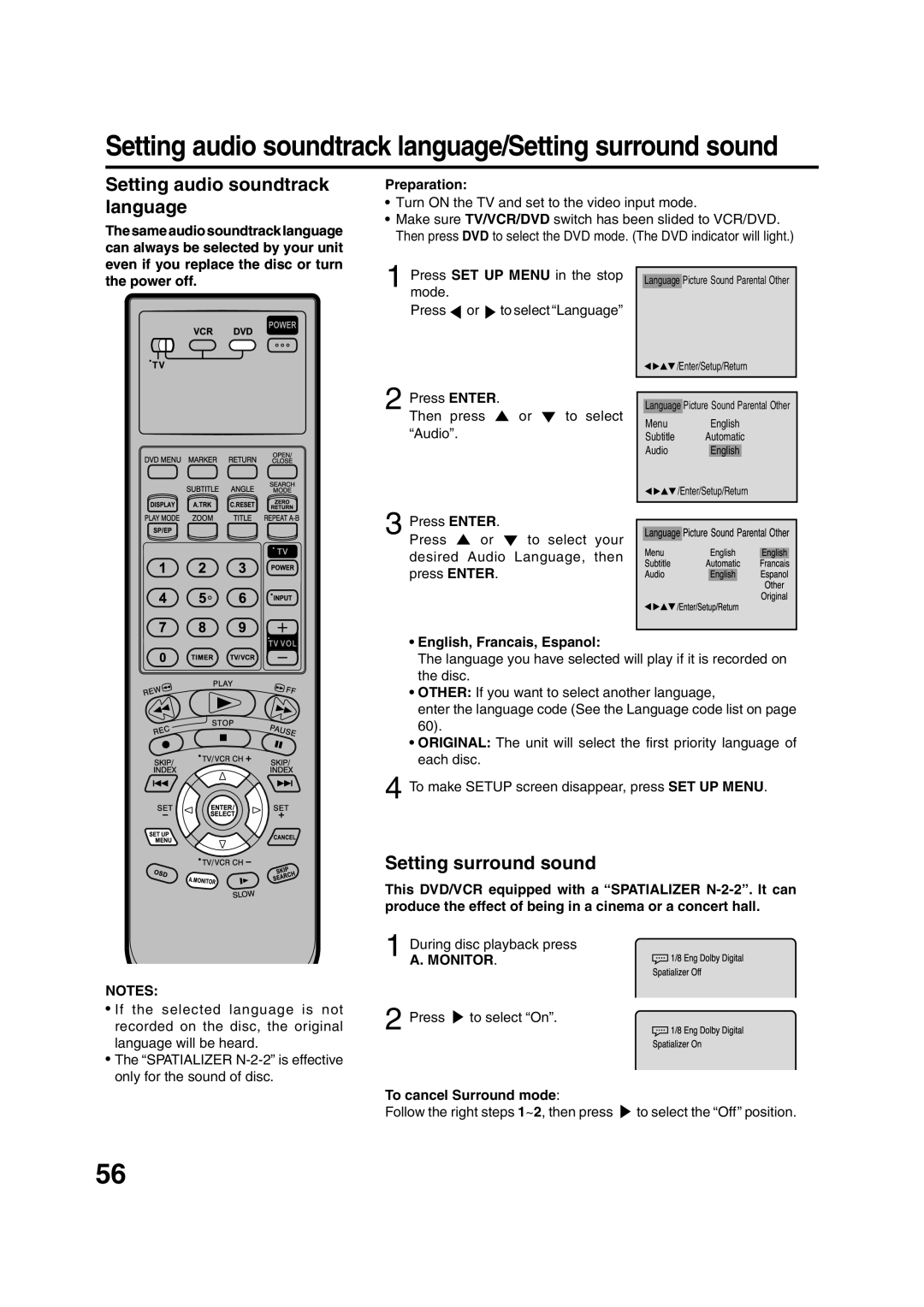 JVC HR-XVC20U manual Setting audio soundtrack language, Setting surround sound, Monitor 