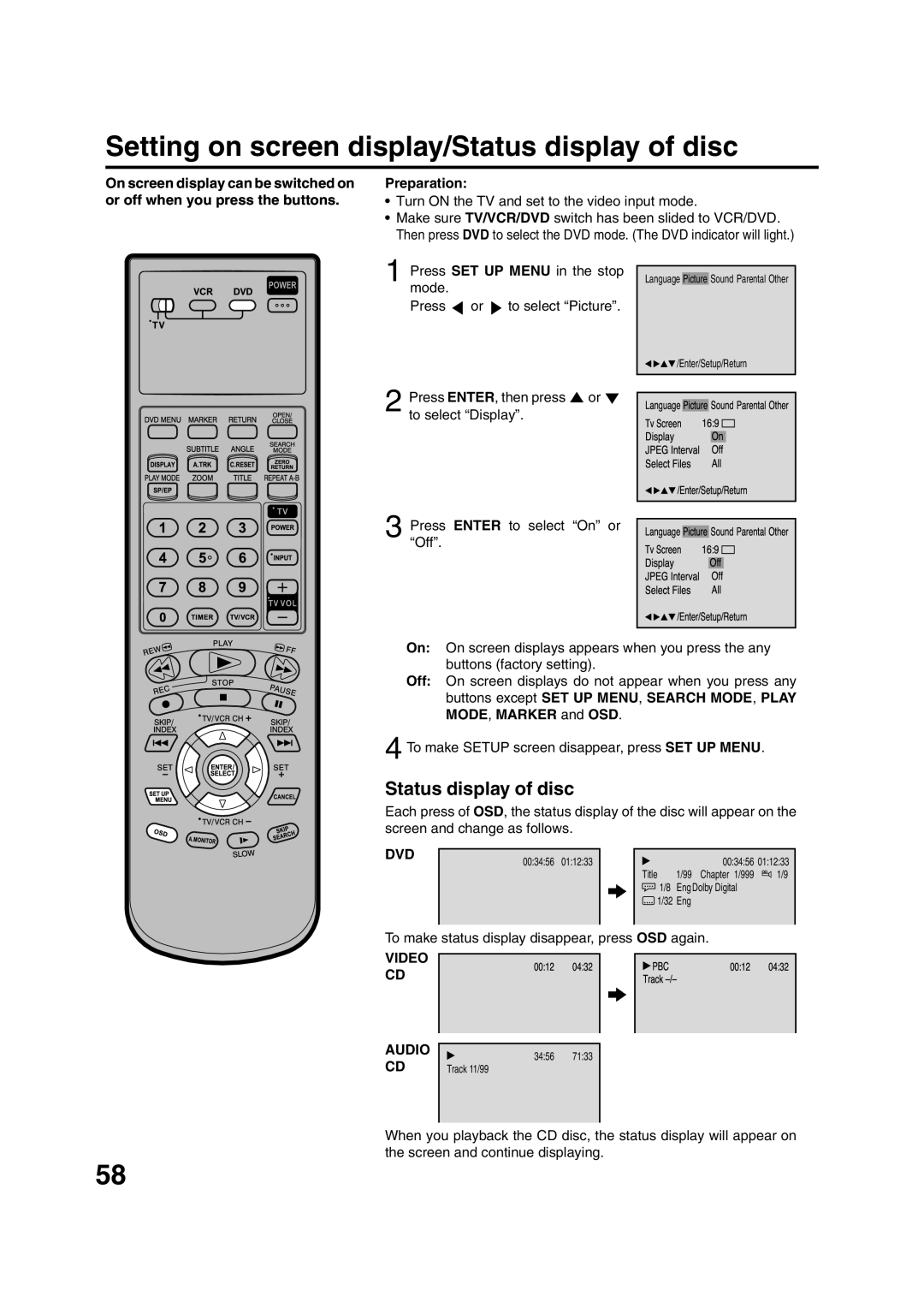 JVC HR-XVC20U manual Setting on screen display/Status display of disc, Dvd, Video Audio 