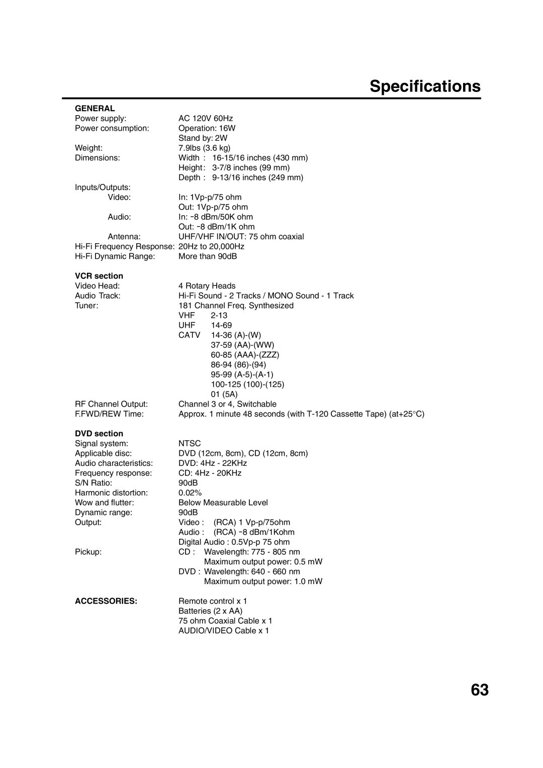 JVC HR-XVC20U manual Specifications, General, VCR section, DVD section 