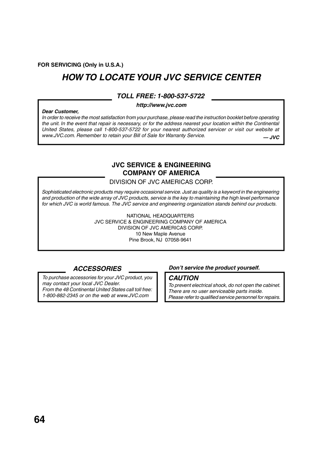 JVC HR-XVC20U manual HOW to Locate Your JVC Service Center, For Servicing Only in U.S.A 