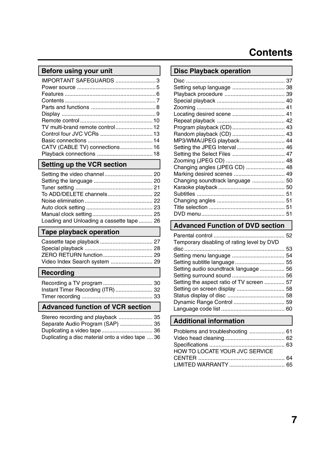 JVC HR-XVC20U manual Contents 