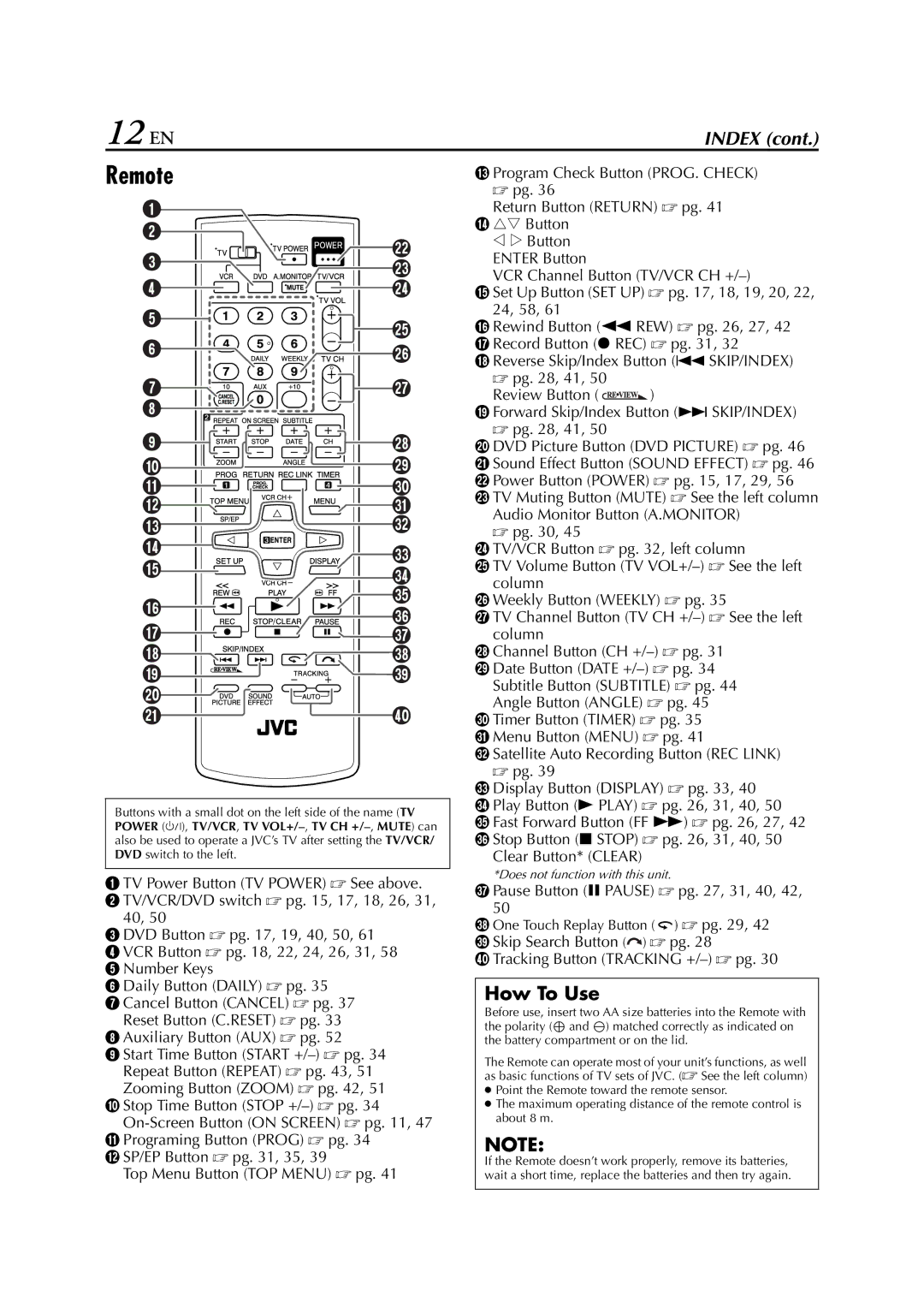 JVC HR-XVC24S manual 12 EN, Remote, How To Use, One Touch Replay Button  pg , 42 m Skip Search Button  pg 