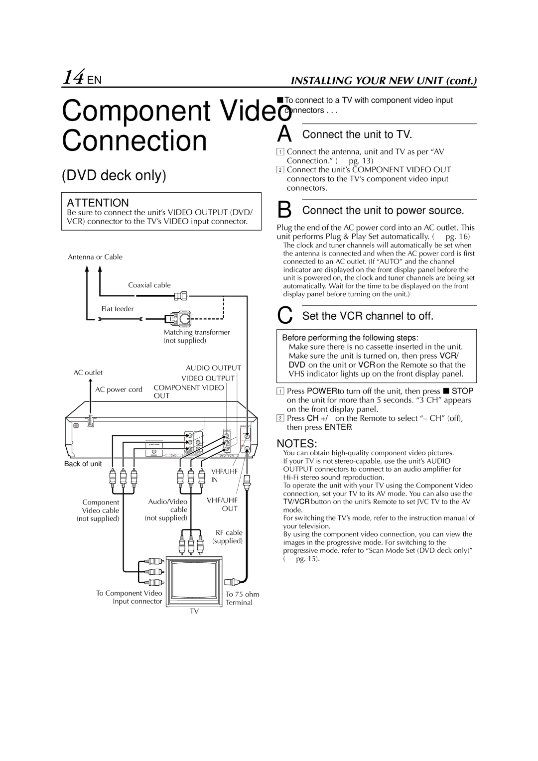 JVC HR-XVC24S 14 EN, DVD deck only, Set the VCR channel to off, 8To connect to a TV with component video input connectors 