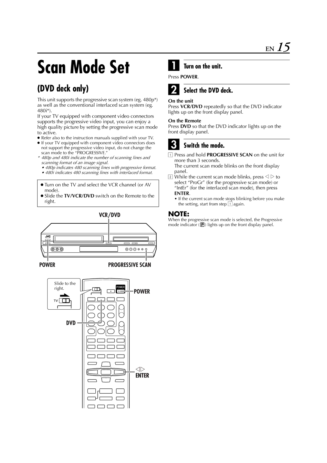 JVC HR-XVC24S manual Scan Mode Set, Turn on the unit, Select the DVD deck, Switch the mode, Enter 