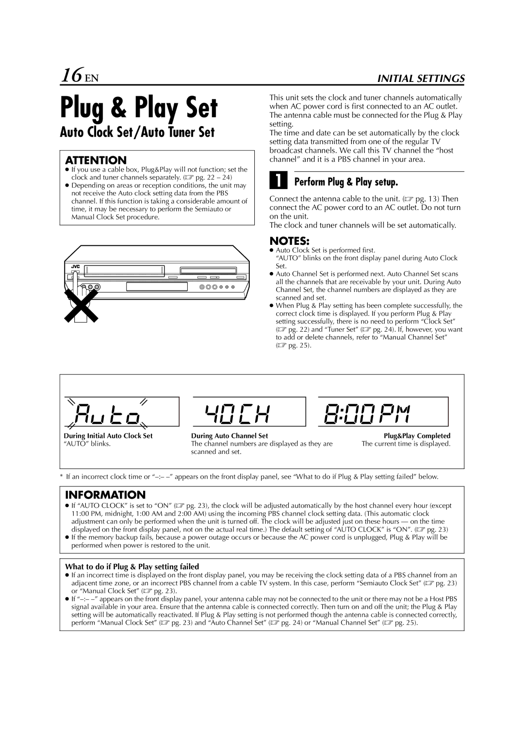 JVC HR-XVC24S manual Plug & Play Set, 16 EN, Auto Clock Set/Auto Tuner Set, Perform Plug & Play setup 