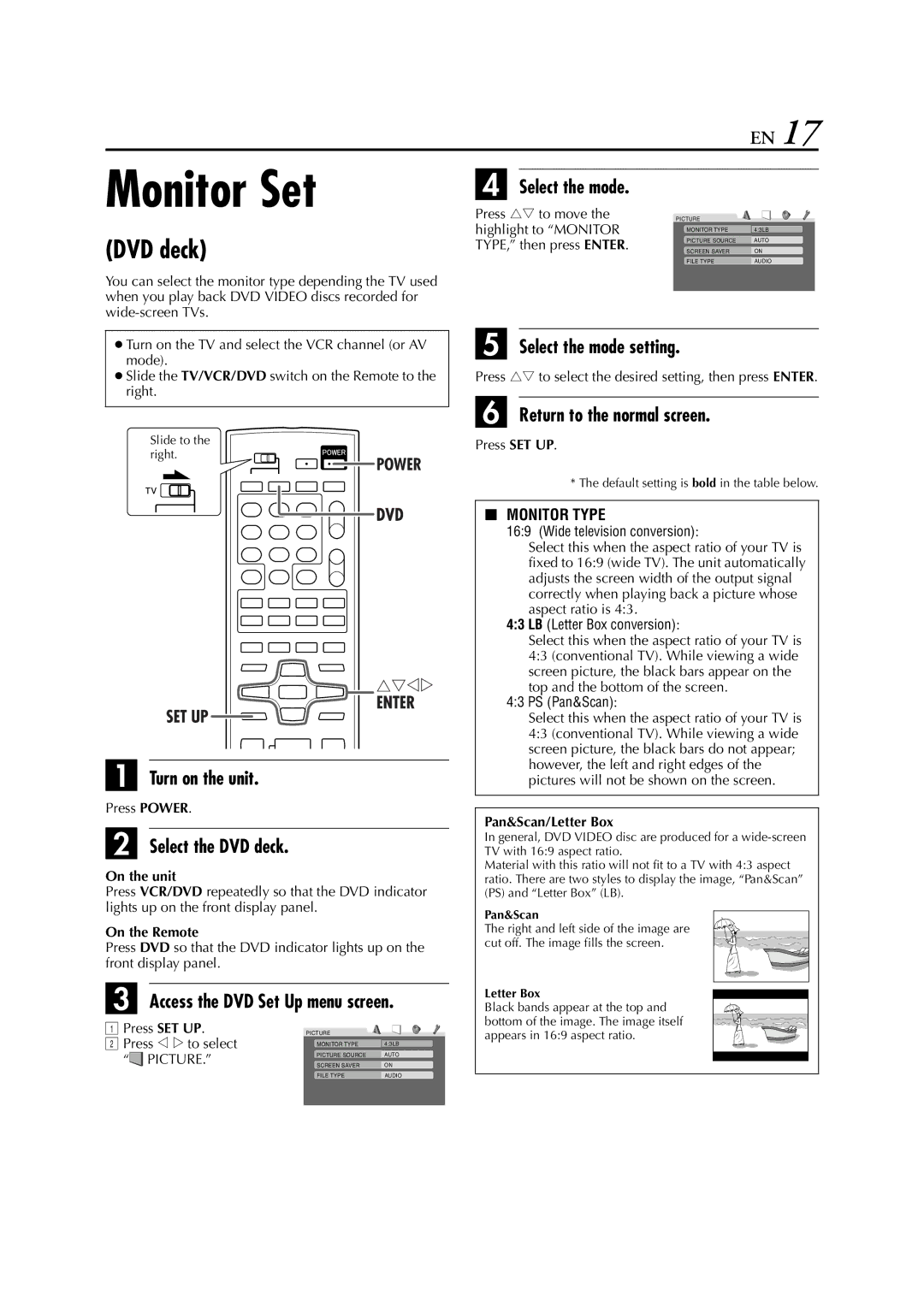 JVC HR-XVC24S manual Monitor Set, DVD deck, Select the mode setting, Return to the normal screen 