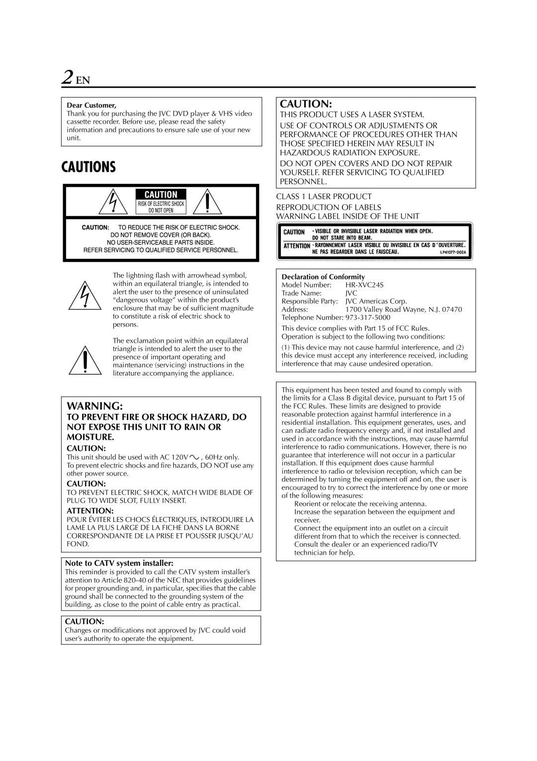 JVC HR-XVC24S manual Dear Customer, Declaration of Conformity 