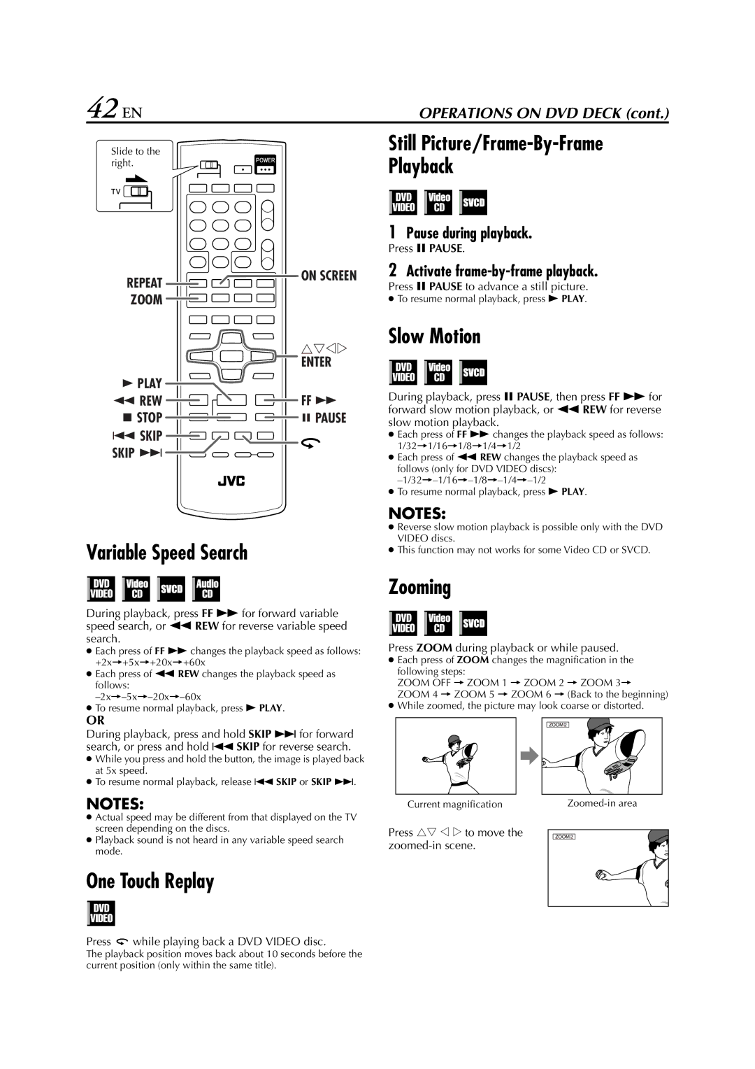 JVC HR-XVC24S manual 42 EN, Zooming, Activate frame-by-frame playback 