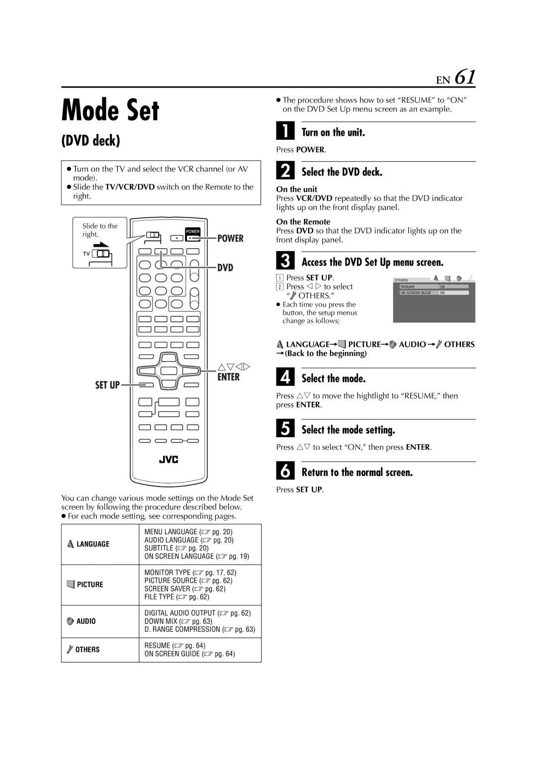 JVC HR-XVC24S manual For each mode setting, see corresponding pages, Language Picture Audio Others Back to the beginning 