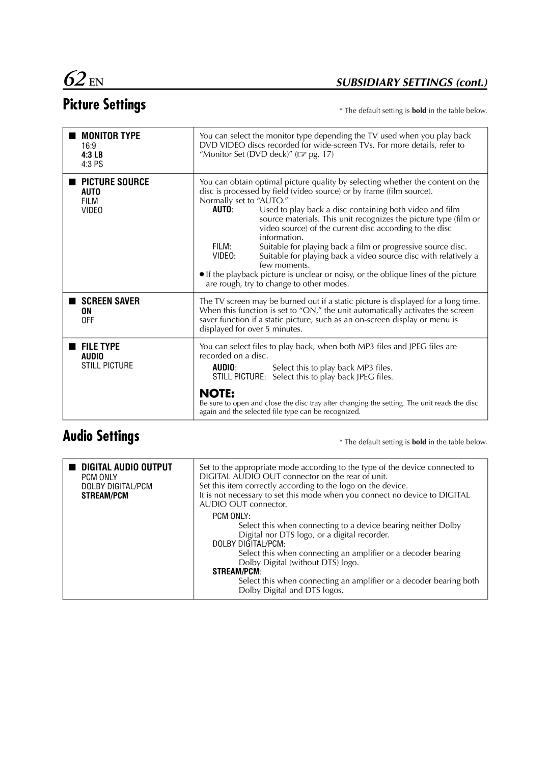 JVC HR-XVC24S manual 62 EN, Picture Settings, Audio Settings 