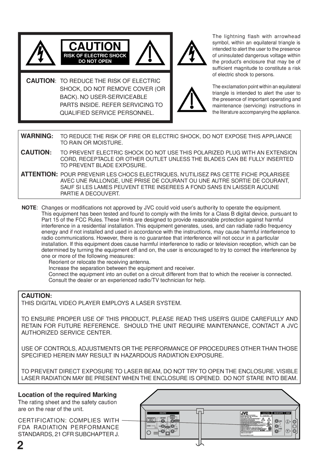 JVC HR-XVC25U manual Location of the required Marking, Risk of Electric Shock Do not Open 