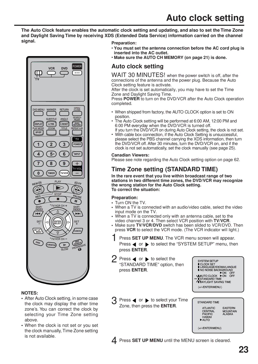 JVC HR-XVC25U manual Press To select the System Setup menu, then Press Enter, Standard Time option, then 