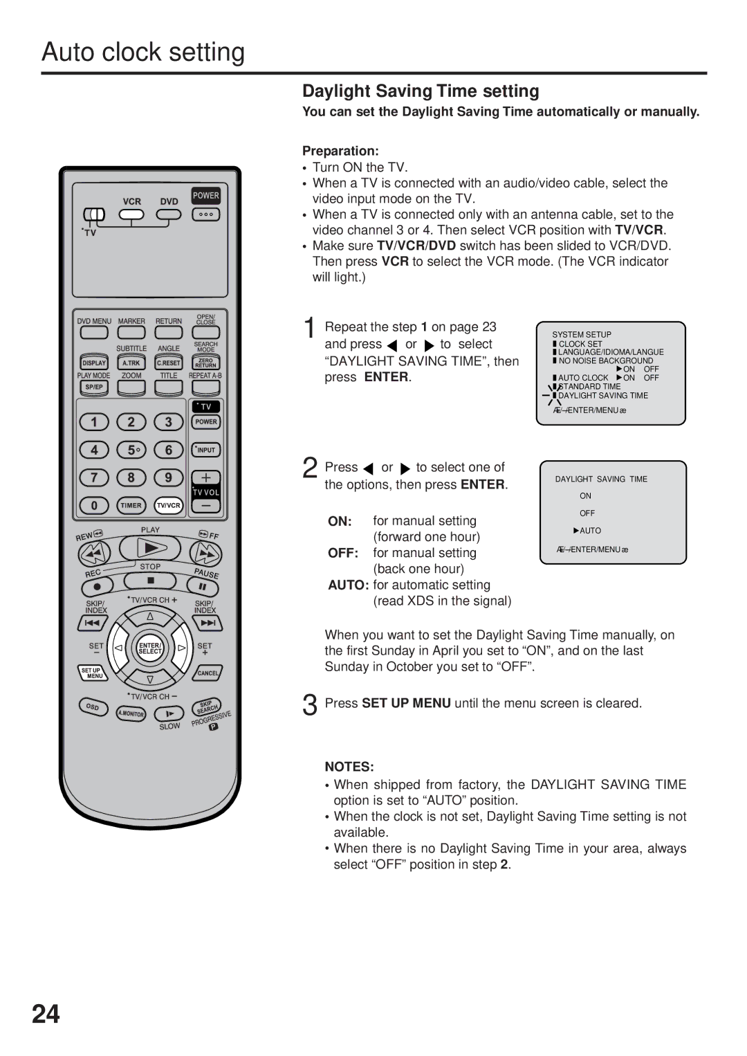 JVC HR-XVC25U manual Auto clock setting, Daylight Saving Time setting 