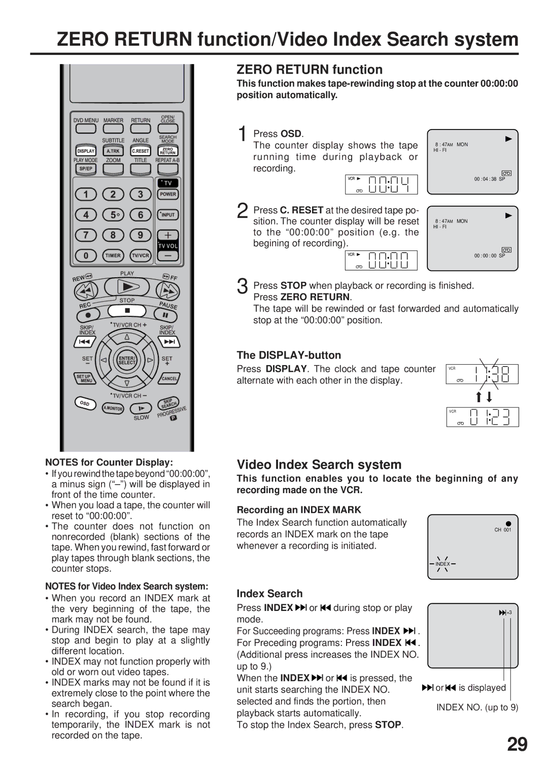 JVC HR-XVC25U manual Zero Return function/Video Index Search system, DISPLAY-button 