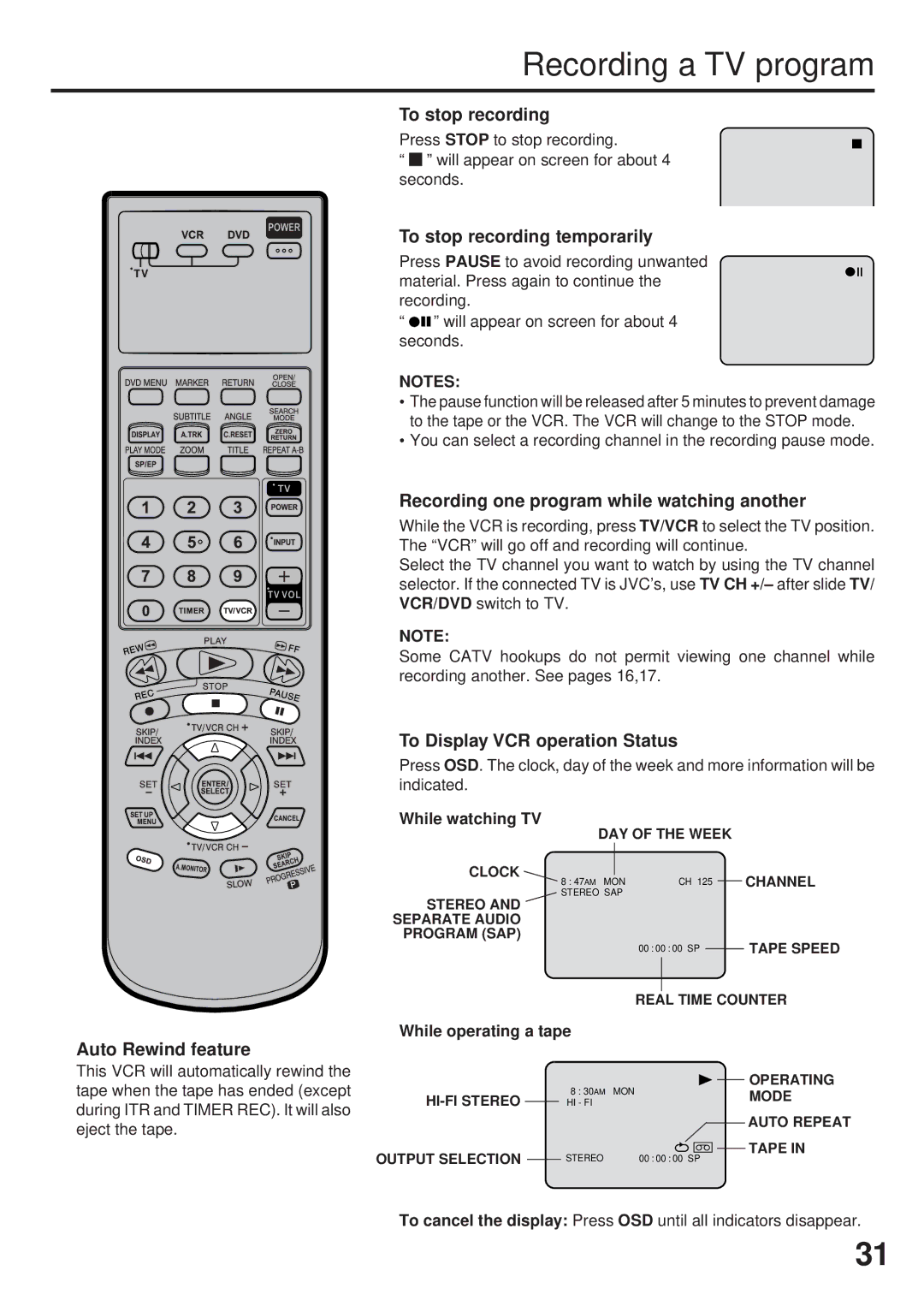 JVC HR-XVC25U manual Recording a TV program 