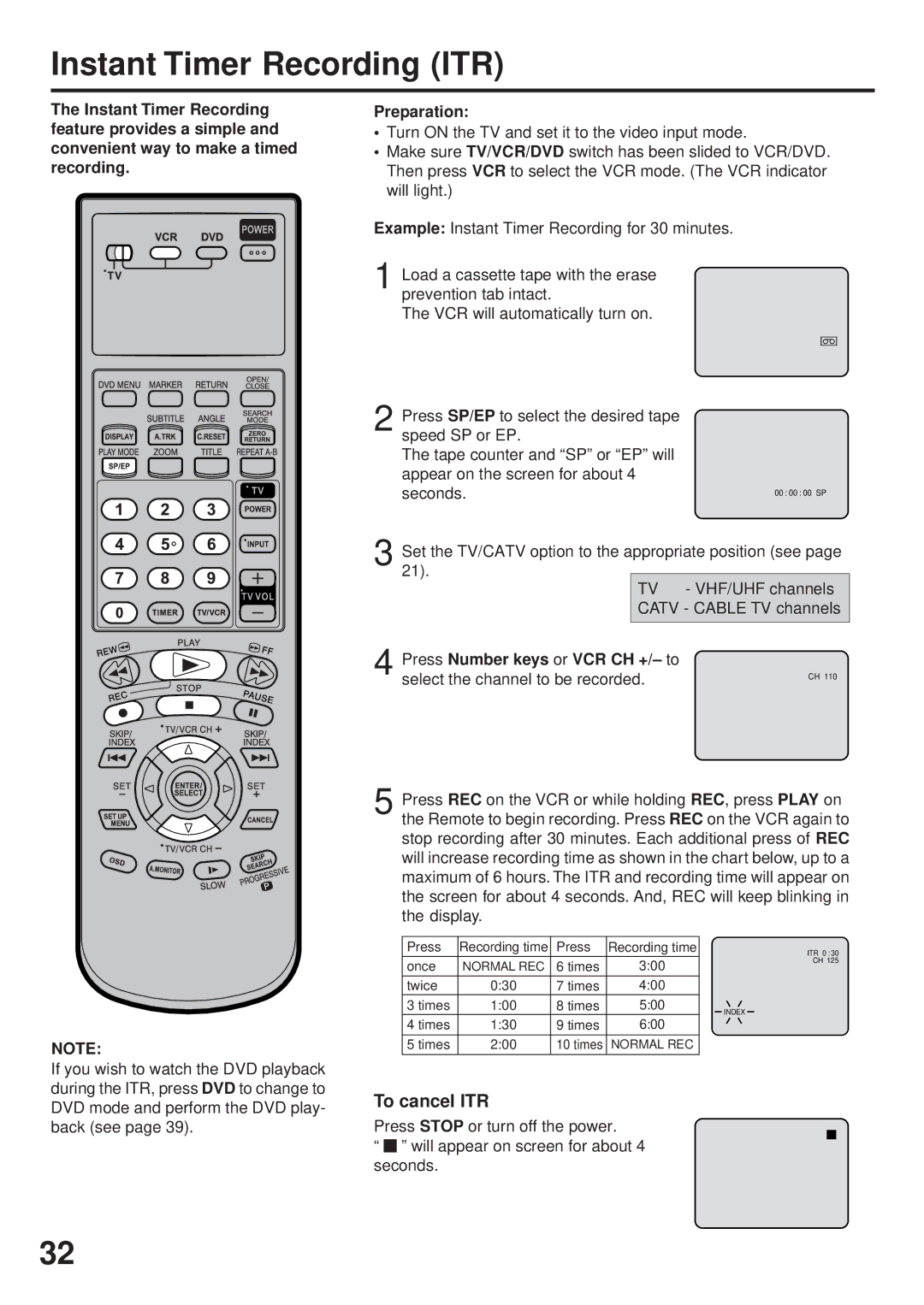 JVC HR-XVC25U manual Instant Timer Recording ITR, To cancel ITR, Press Number keys or VCR CH +/-to 