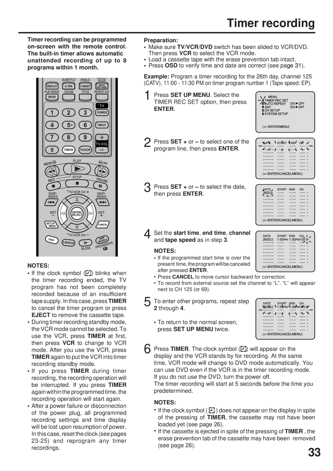 JVC HR-XVC25U manual Timer recording, If the clock symbol blinks when, Set the start time, end time, channel 