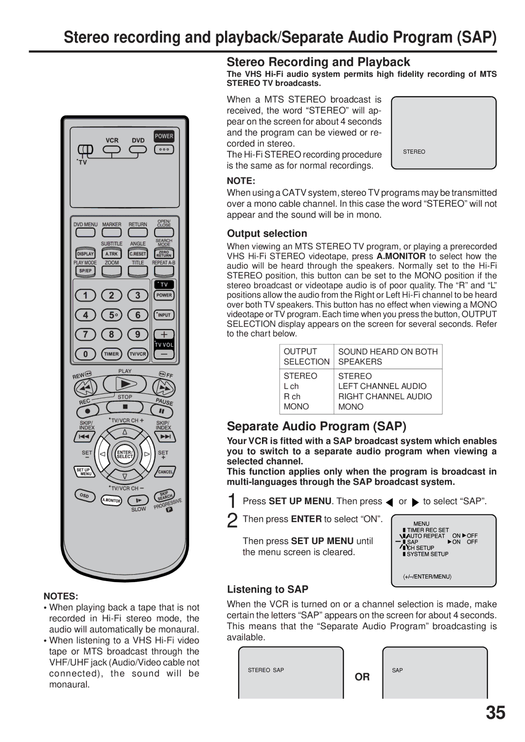 JVC HR-XVC25U manual Stereo Recording and Playback, Separate Audio Program SAP, Output selection, Listening to SAP 