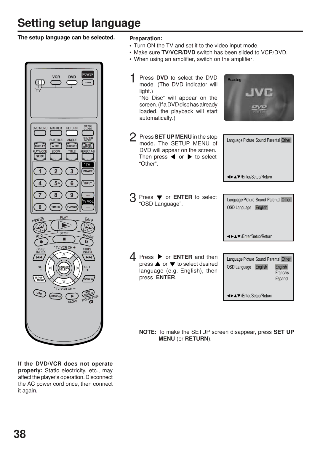 JVC HR-XVC25U manual Setting setup language, Setup language can be selected Preparation 