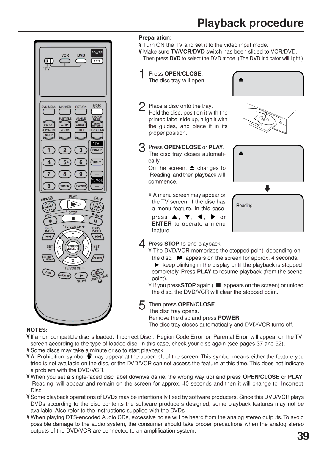 JVC HR-XVC25U manual Playback procedure, Press OPEN/CLOSE 