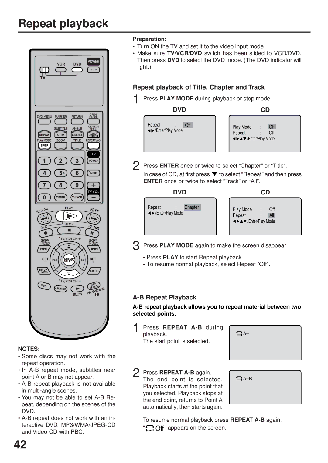 JVC HR-XVC25U manual Repeat playback of Title, Chapter and Track, Press Play Mode during playback or stop mode 