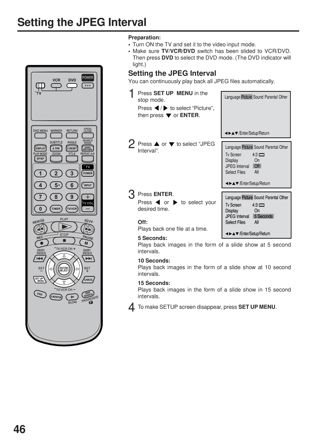 JVC HR-XVC25U manual Setting the Jpeg Interval, Off, Seconds 