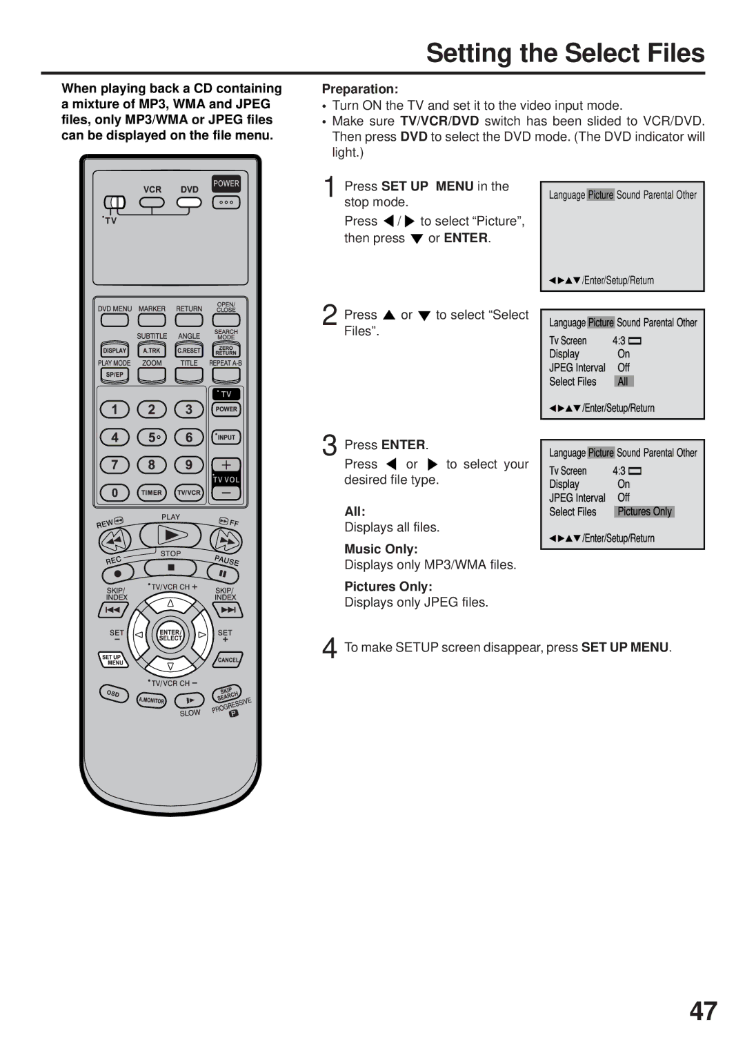 JVC HR-XVC25U manual Setting the Select Files, All, Music Only, Pictures Only 