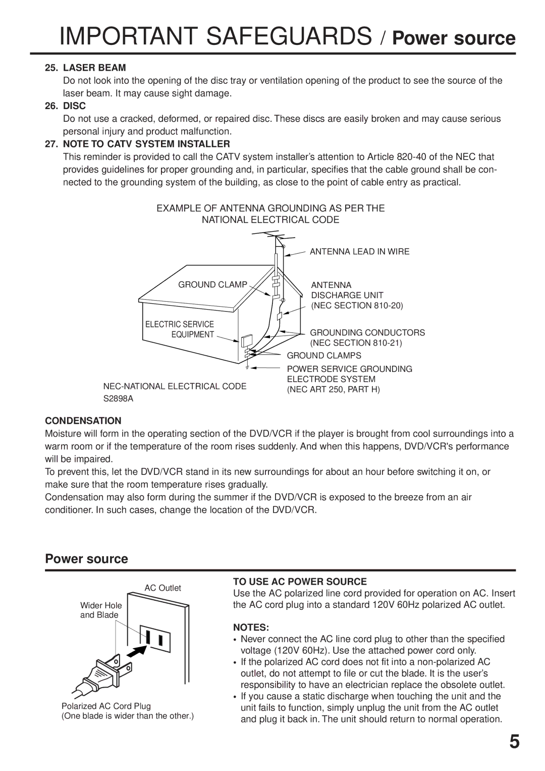 JVC HR-XVC25U manual Power source, Laser Beam, Disc, Condensation, To USE AC Power Source 