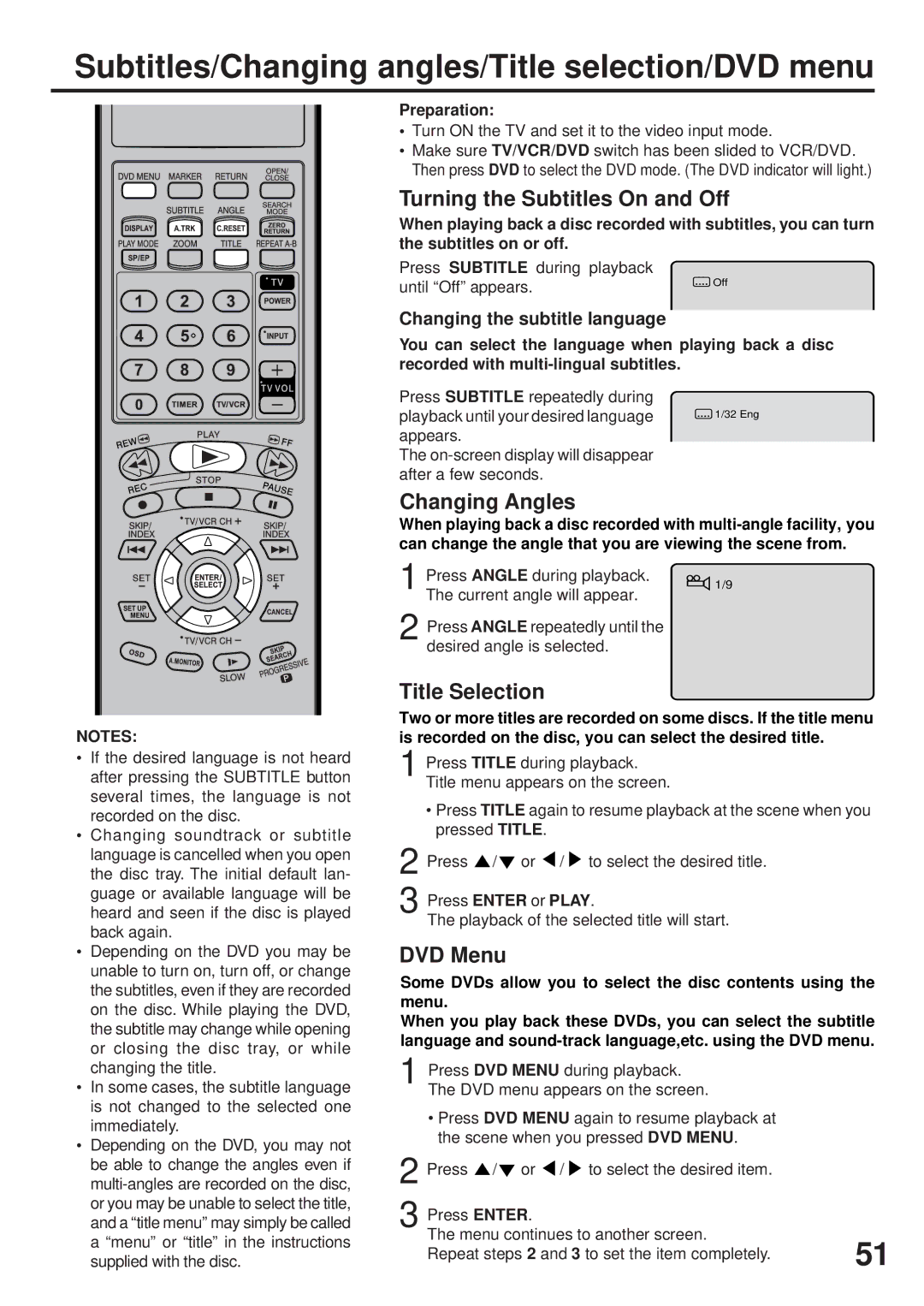 JVC HR-XVC25U manual Subtitles/Changing angles/Title selection/DVD menu, Turning the Subtitles On and Off, Title Selection 