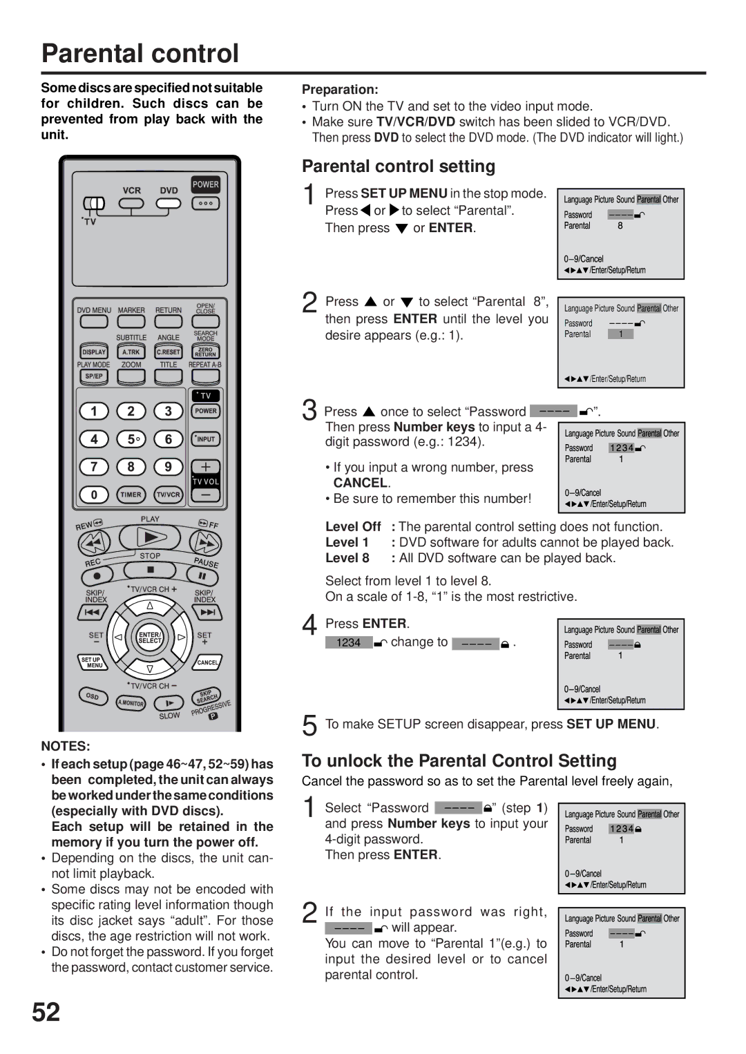 JVC HR-XVC25U manual Parental control setting, To unlock the Parental Control Setting, Cancel 