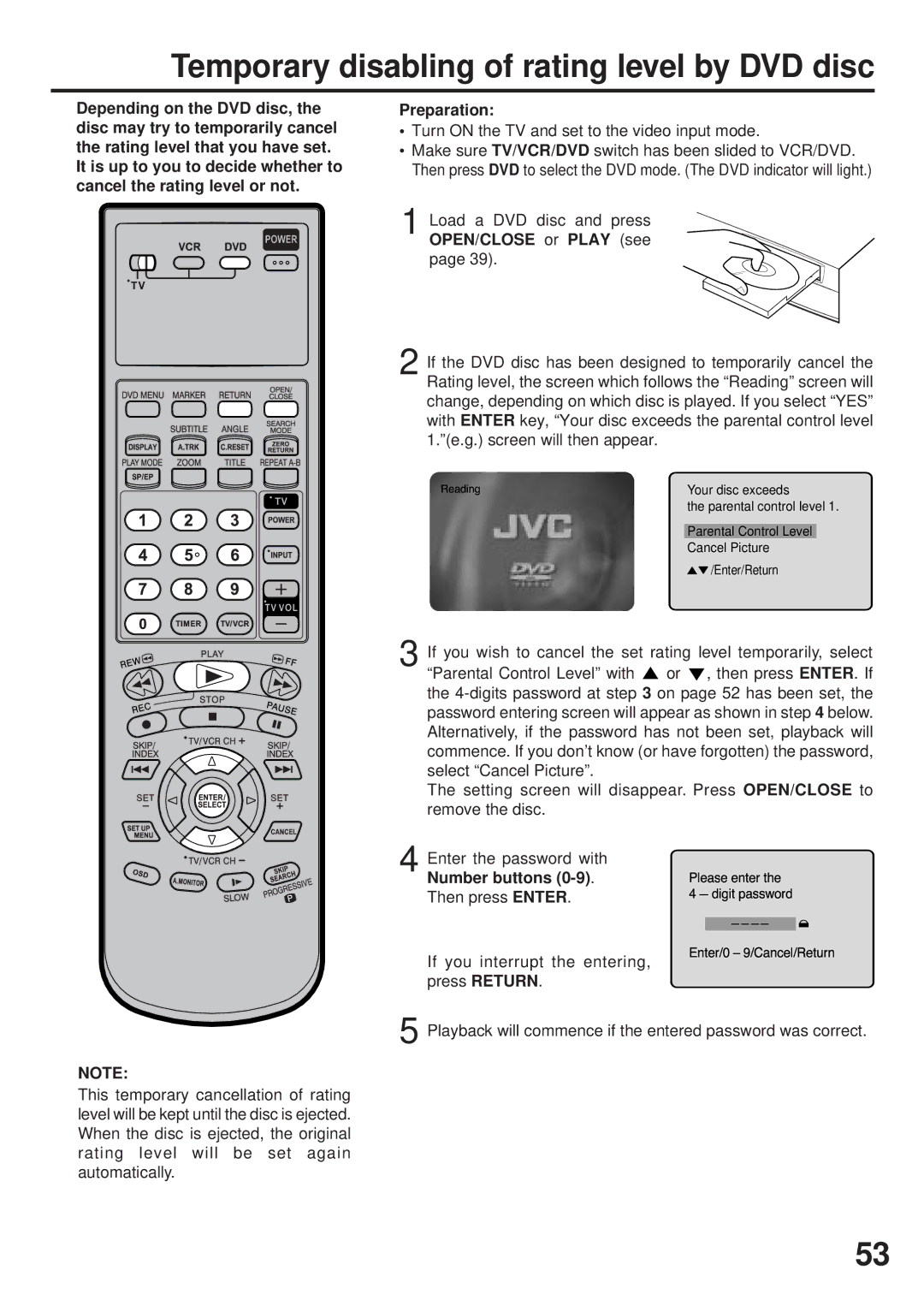 JVC HR-XVC25U manual Temporary disabling of rating level by DVD disc 