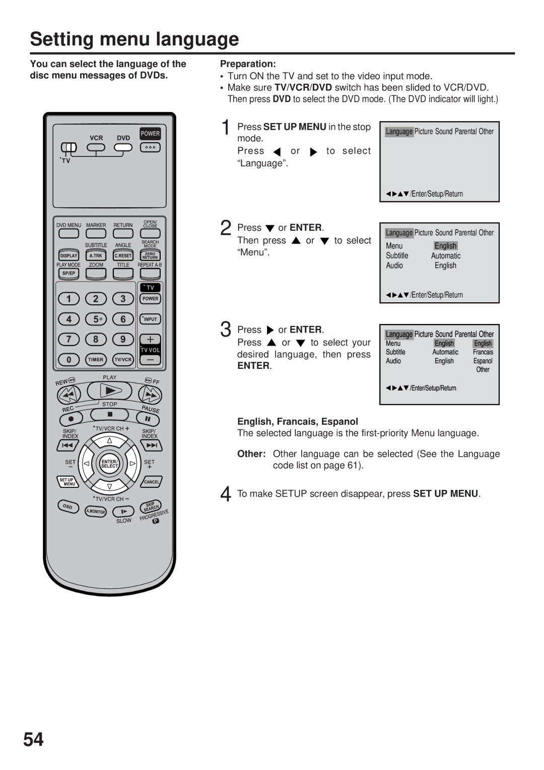 JVC HR-XVC25U manual Setting menu language, Press or Enter To select Then press Menu, Or Enter, English, Francais, Espanol 