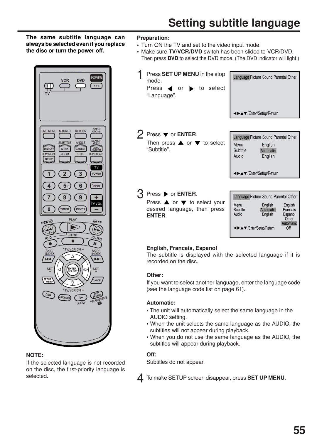 JVC HR-XVC25U manual Setting subtitle language, Mode To select Press Language, Other, Automatic 