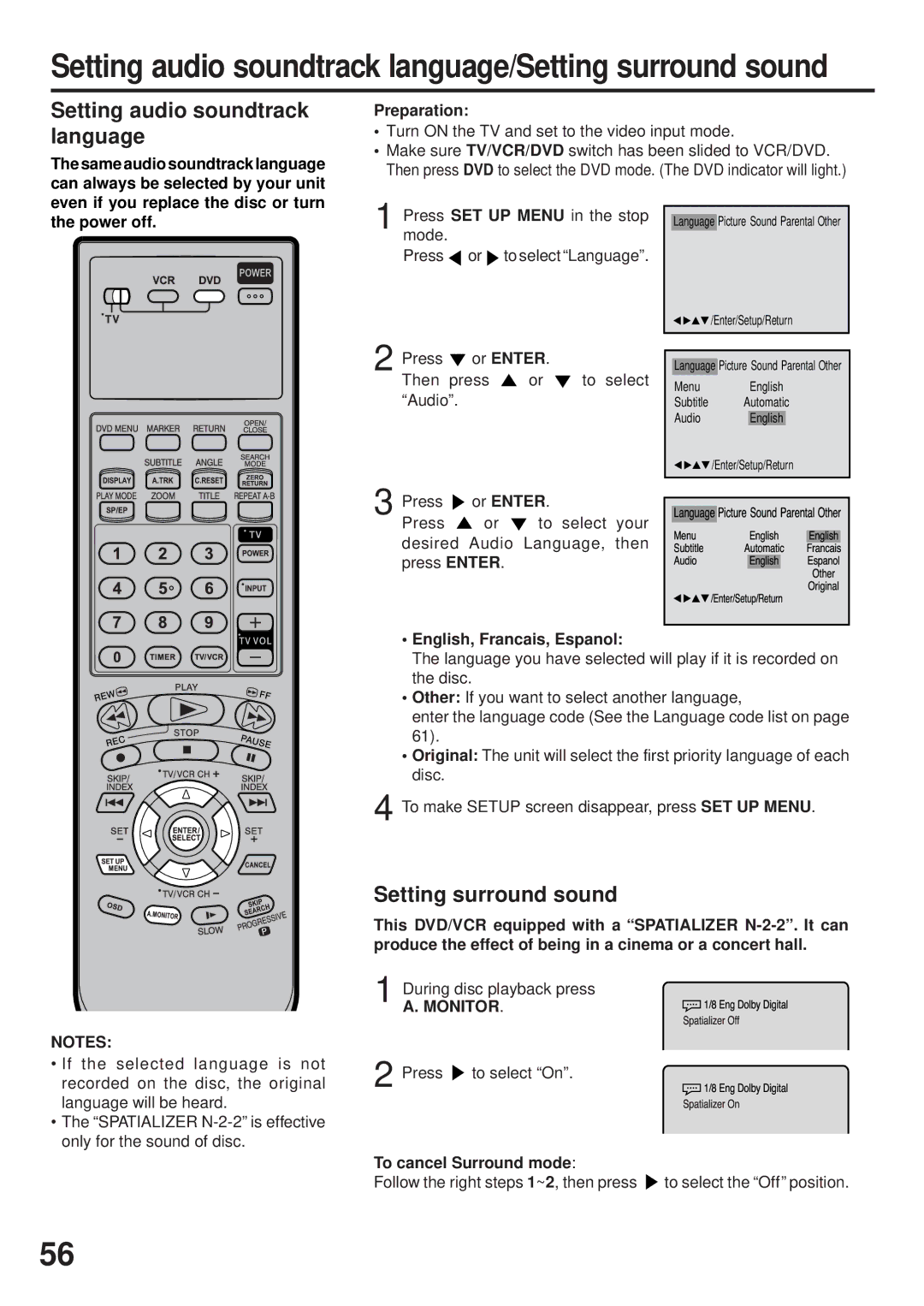 JVC HR-XVC25U manual Setting audio soundtrack language, Setting surround sound, Power off, To cancel Surround mode 