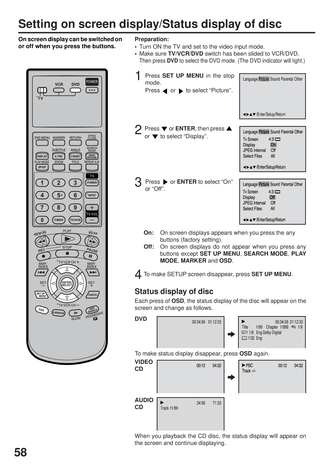 JVC HR-XVC25U manual Setting on screen display/Status display of disc, Dvd, Video, Audio 