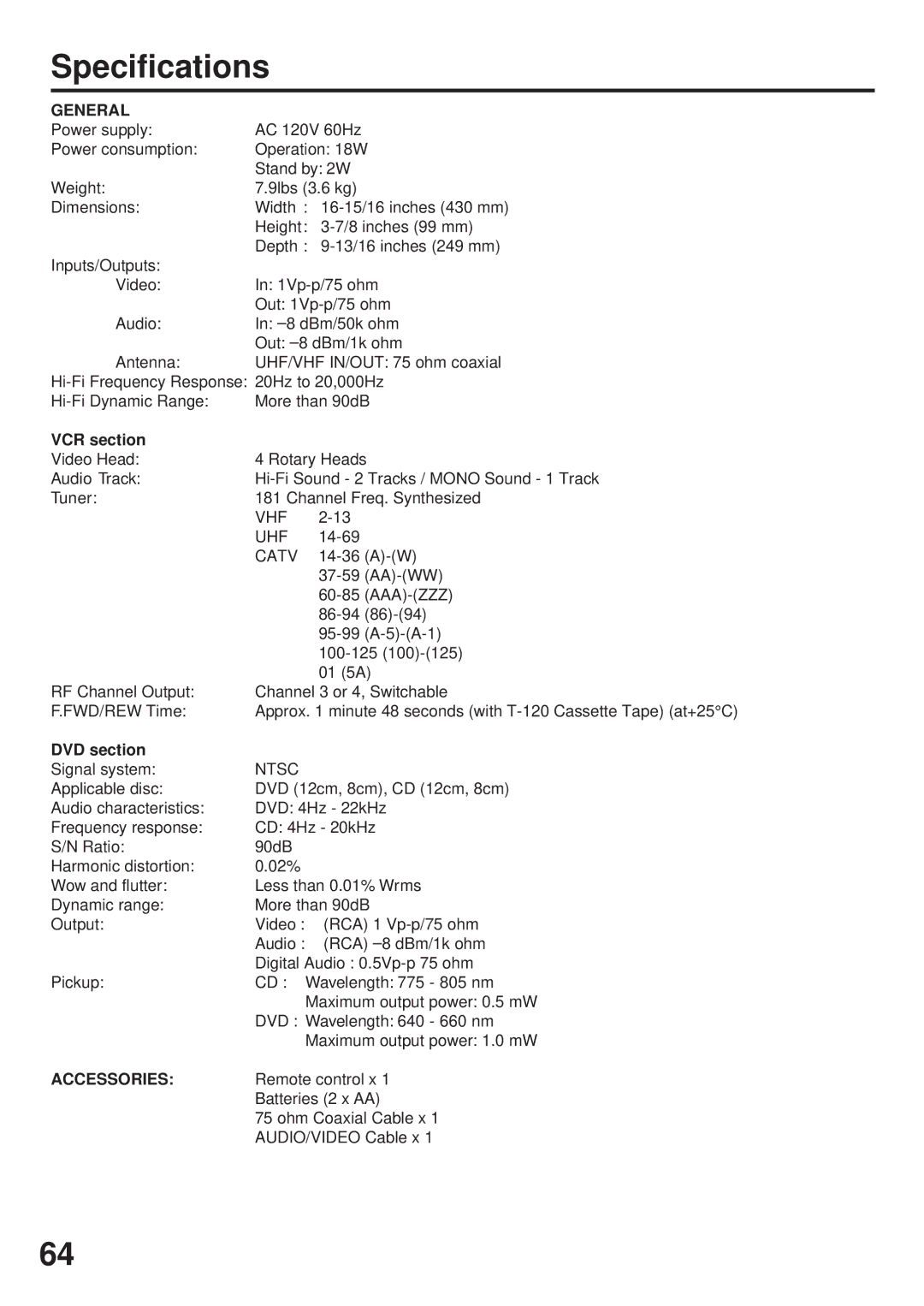 JVC HR-XVC25U manual Specifications, General, VCR section, DVD section 