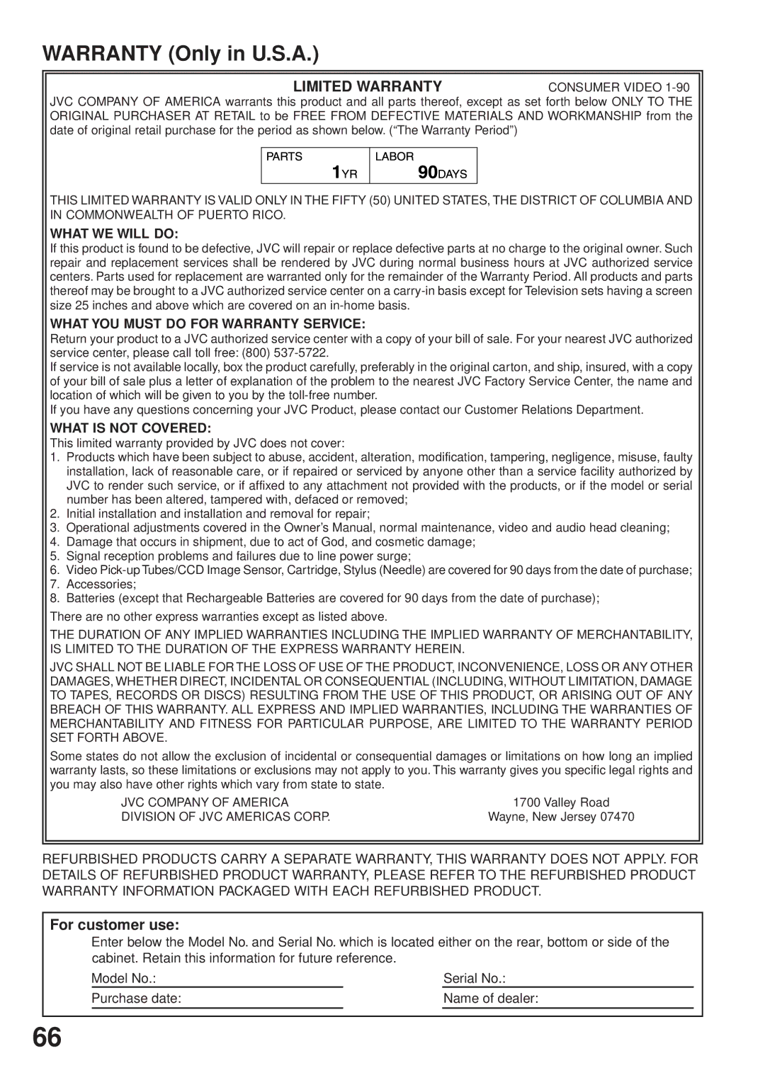 JVC HR-XVC25U manual For customer use, What WE will do, What YOU Must do for Warranty Service, What is not Covered 