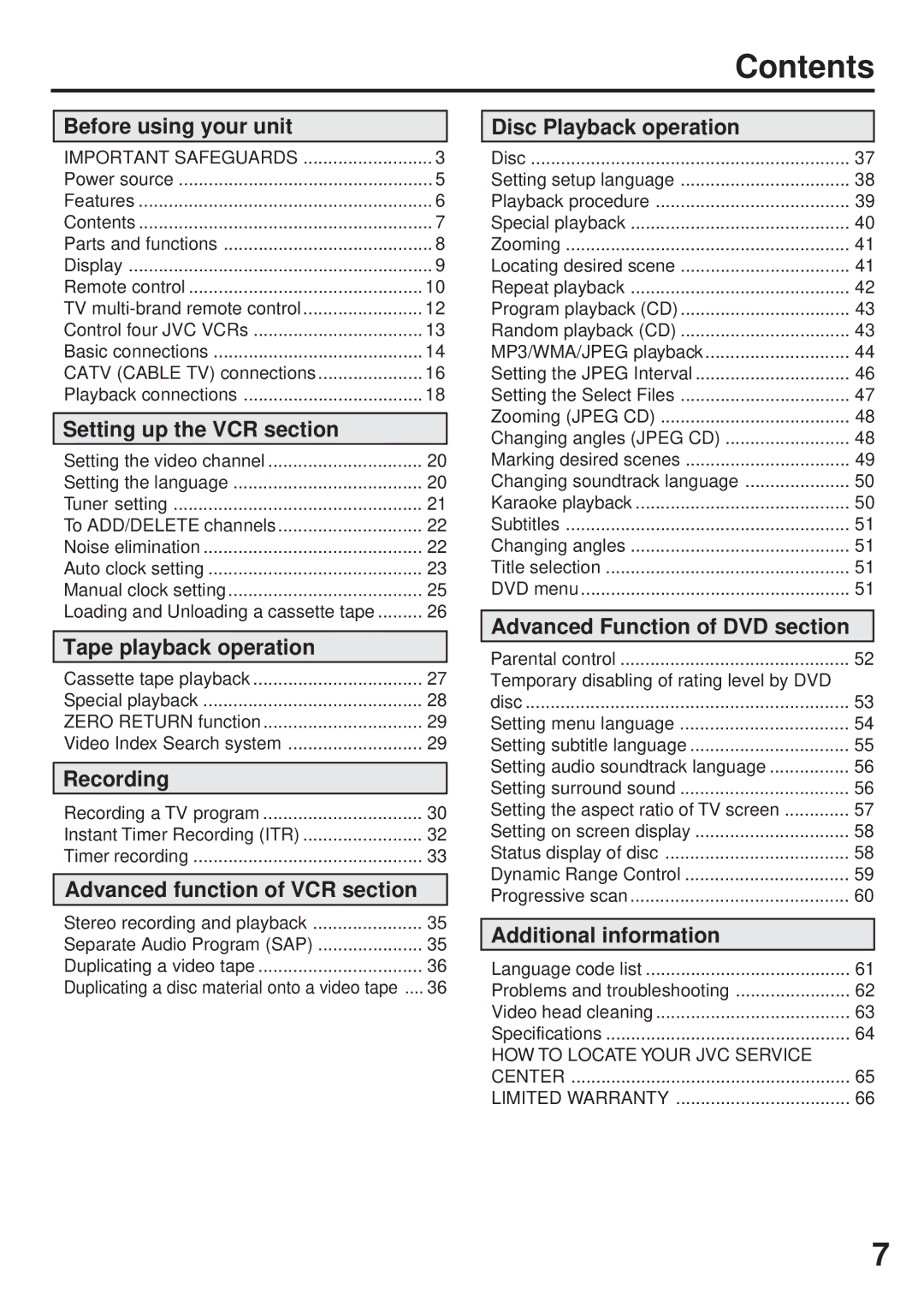 JVC HR-XVC25U manual Contents 