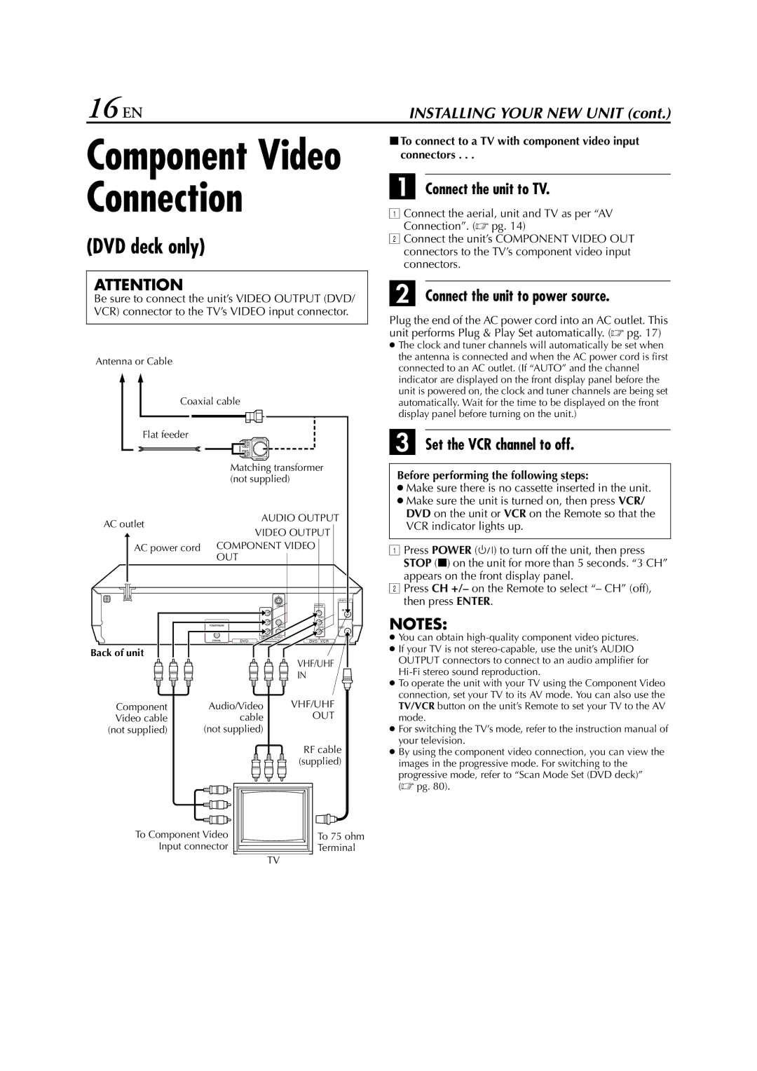 JVC HR-XVC26U 16 EN, 8To connect to a TV with component video input connectors, VCR indicator lights up, Back of unit 