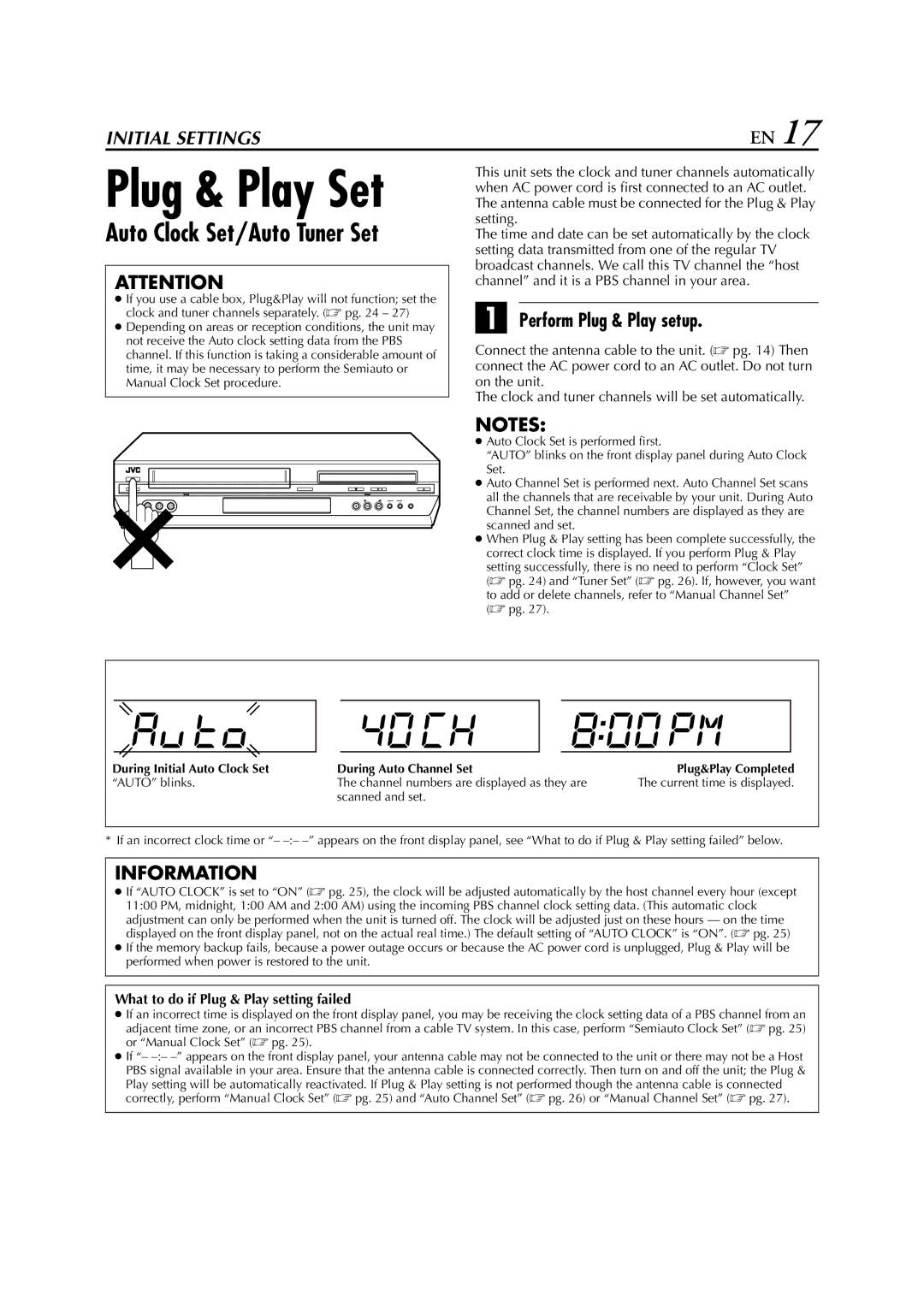 JVC HR-XVC26U manual Plug & Play Set, Auto Clock Set/Auto Tuner Set, Perform Plug & Play setup 
