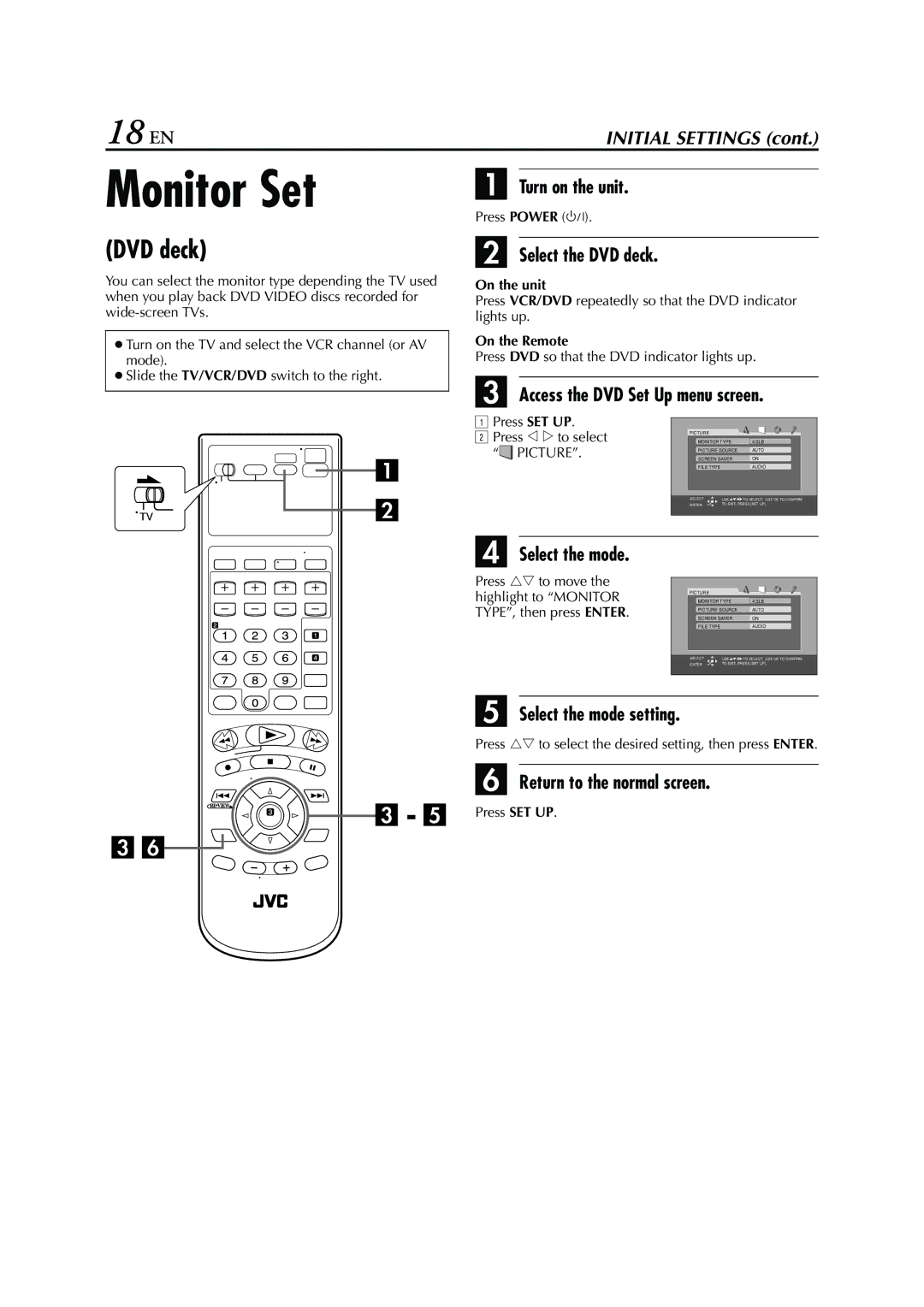 JVC HR-XVC26U manual Monitor Set, 18 EN, DVD deck 