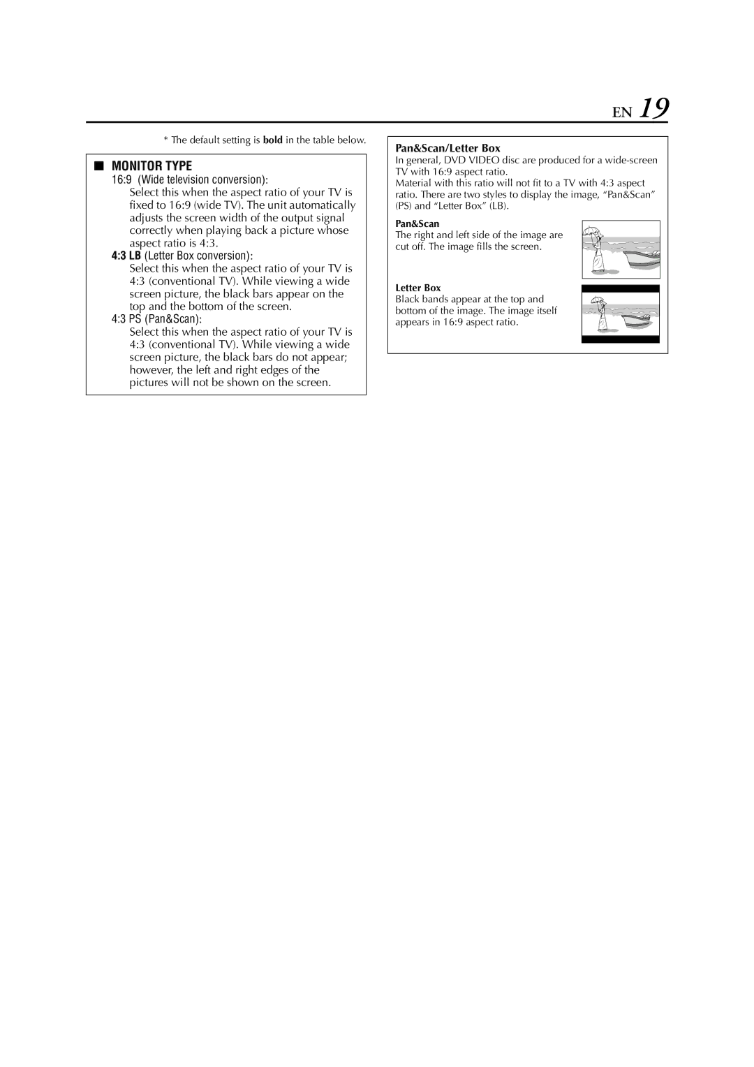 JVC HR-XVC26U manual Pan&Scan/Letter Box, Default setting is bold in the table below 